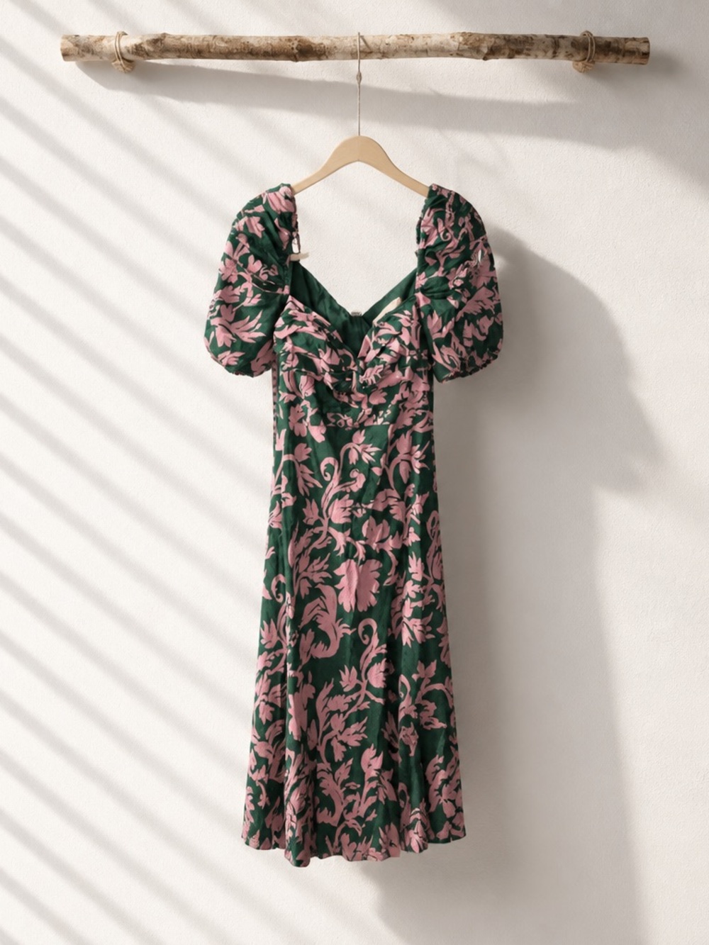 KEEPSAKE the Label Green and Pink Floral Puff-Sleeve Midi Dress